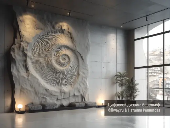 Барельеф стены в интерьере имитирующий древнее ископаемое аммонит в скале или в камне 