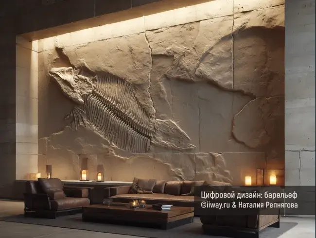 Барельеф стены в интерьере имитирующий древнее ископаемое в камне 