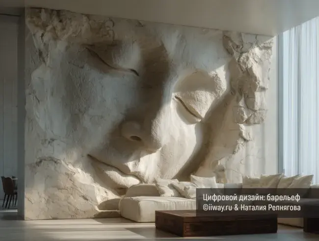 Барельеф стены в интерьере имитирующий скалу с выдающимся профилем лица