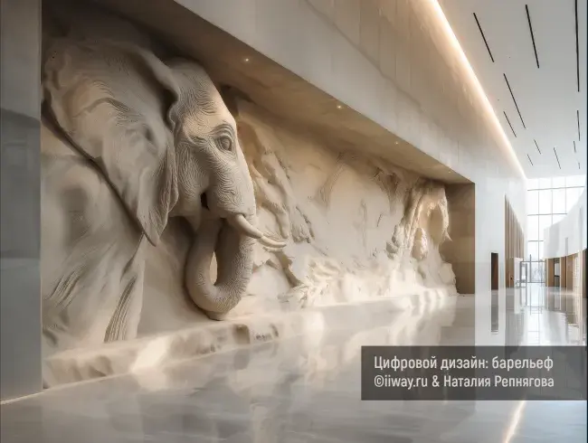 Барельеф стены в интерьере имитирующий скалу с выдающимся профилем слона