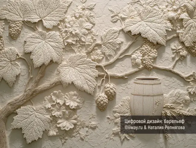 Декор стены для бара, ресторан. Барельеф с имитацией листьев хмеля, виноградной лозы, деревянной бочки