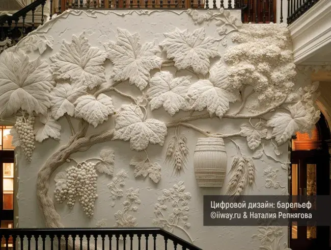 Декор стены для бара, ресторан. Барельеф с имитацией листьев хмеля, виноградной лозы, деревянной бочки