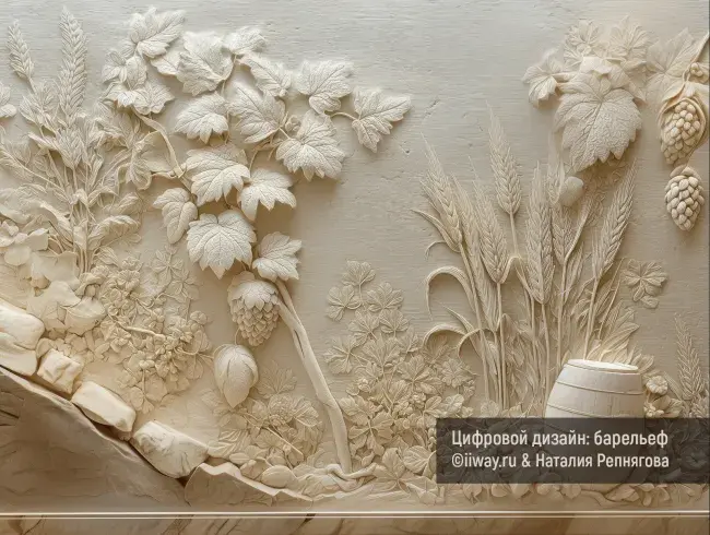 Декор стены для бара, ресторан. Барельеф с имитацией листьев хмеля, виноградной лозы, деревянной бочки