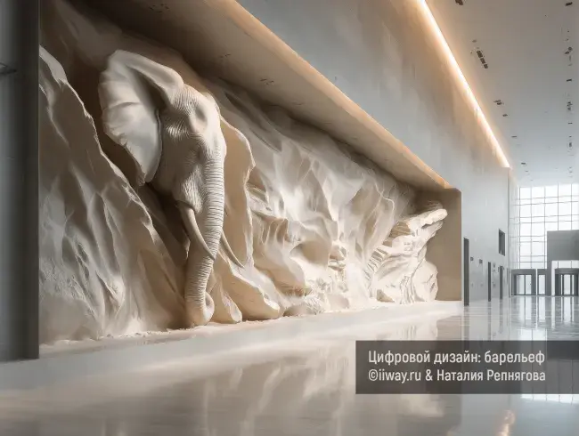 Барельеф стены в интерьере имитирующий скалу с выдающимся профилем слона