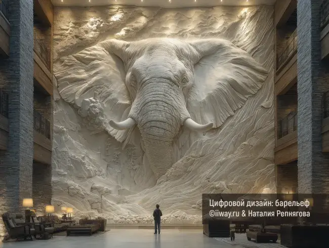 Барельеф стены в интерьере имитирующий скалу с мордой слона